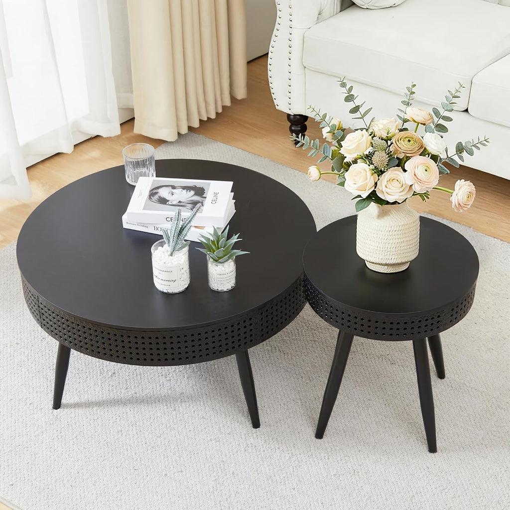 FurSch Modern Farmhouse Round Coffee Table Set of 2, Iron Rattan Nesting Side Table with Hidden Storage Basket for Living Room, Balcony, Patio, Poolside (Black)