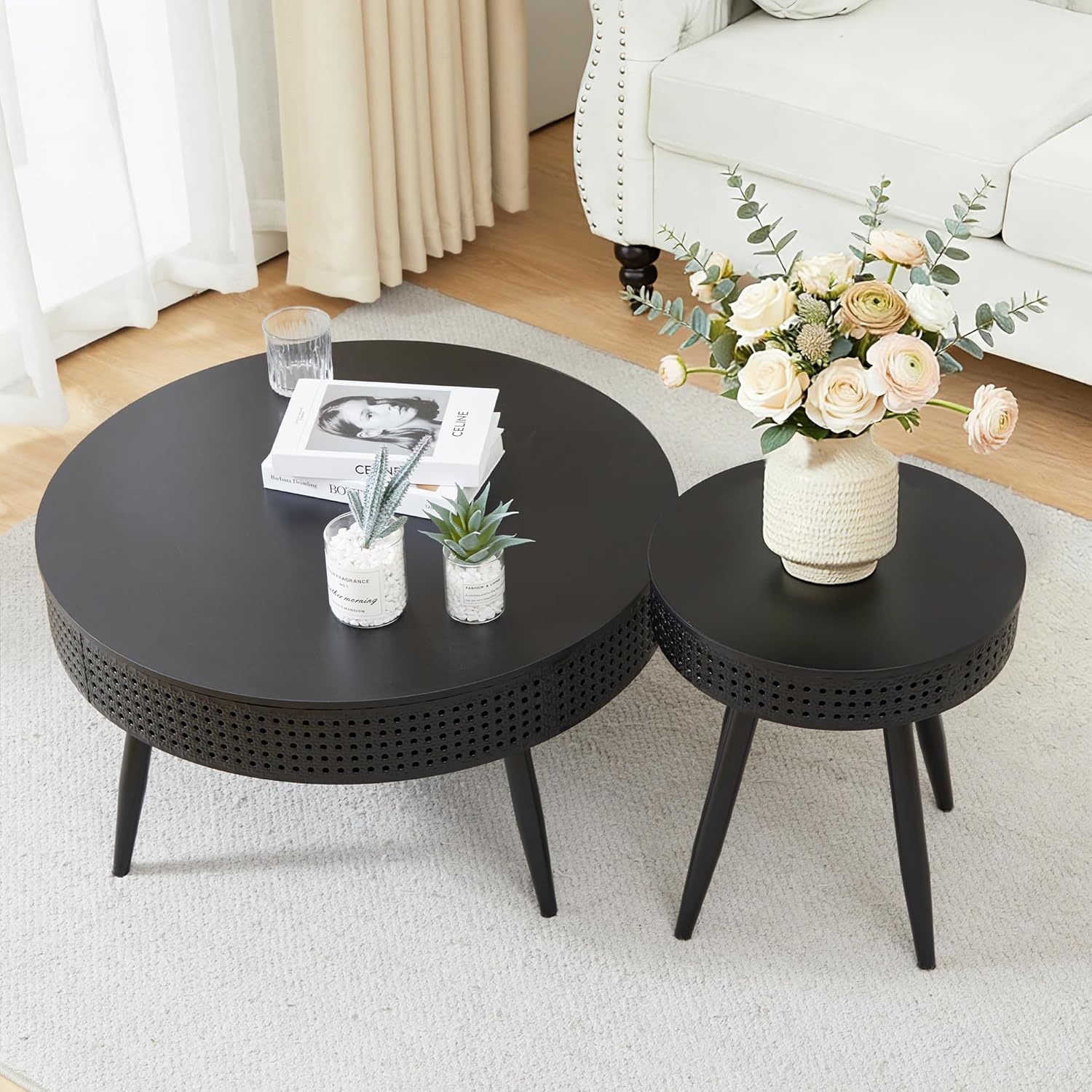 FurSch Modern Farmhouse Round Coffee Table Set of 2, Iron Rattan Nesting Side Table with Hidden Storage Basket for Living Room, Balcony, Patio, Poolside (Black)