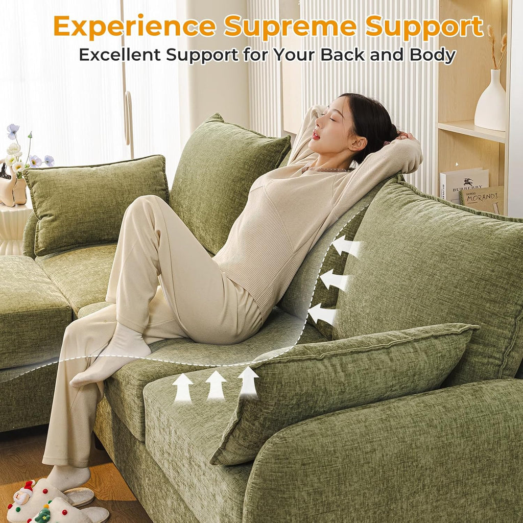 86'' Sectional Couches, L Shaped Couch with Movable Chaise Lounge,Comfy 3 Seats Sofa with Thick Cushion,Wood Legs,2 Throw Pillows,Sectional for Living Room,Bedroom,Apartment,Chenille,Green