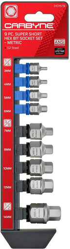 CARBYNE 9-Piece Stubby Low Profile Hex Bit Socket Set Metric, S2 Steel, 3mm to 14mm Super Short Allen Sockets with Dual Drive Internal Square and External Hex for Tight Confined Spaces