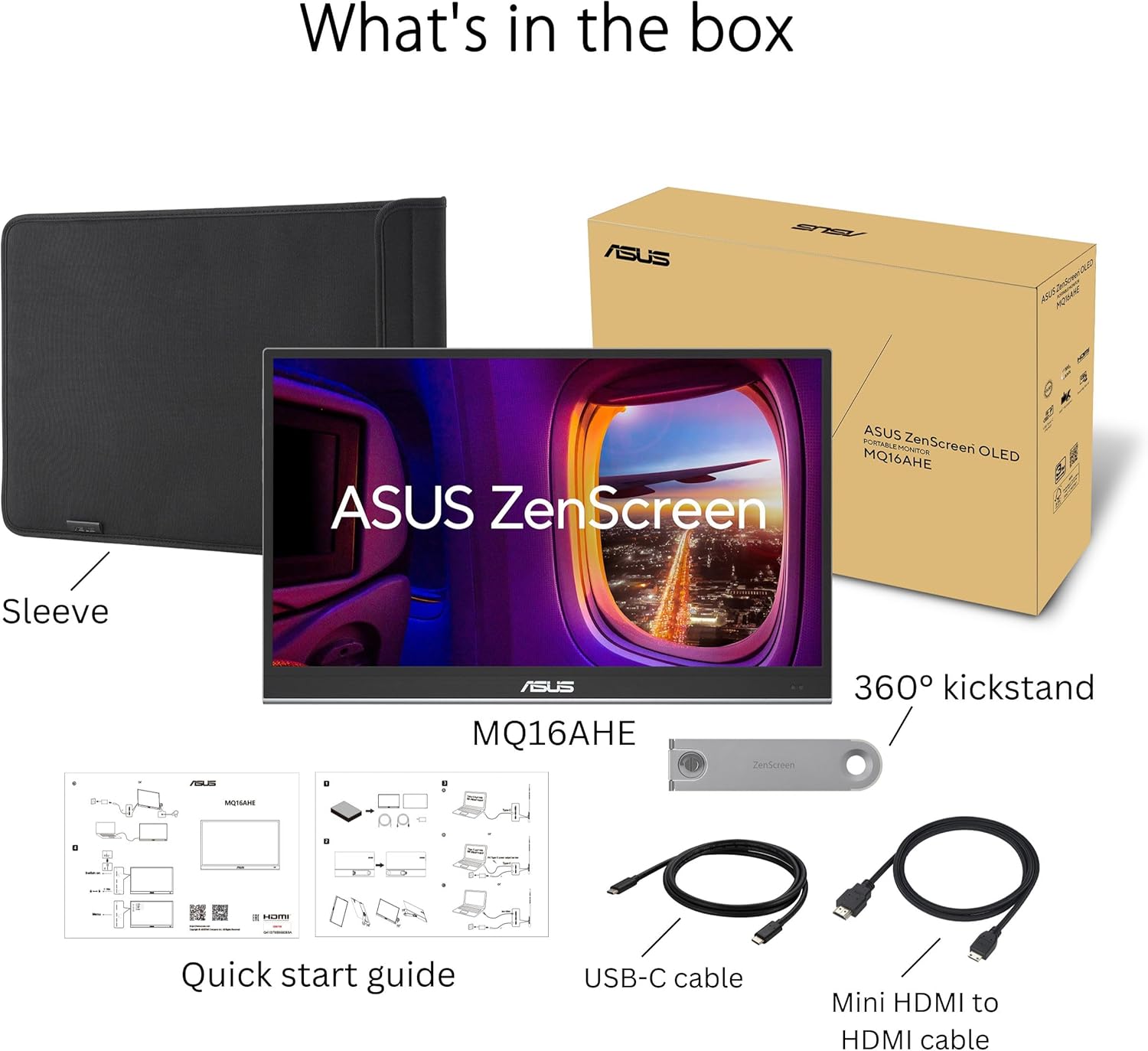 ASUS ZenScreen 16” OLED USB-C portable monitor (MQ16AHE) – Full HD  100% DCI-P3  1ms  HDR-10  Mini HDMI  Eye Care  Proximity Sensor  360° kickstand  Compatible with Laptops  Smartphones  3 yr warranty