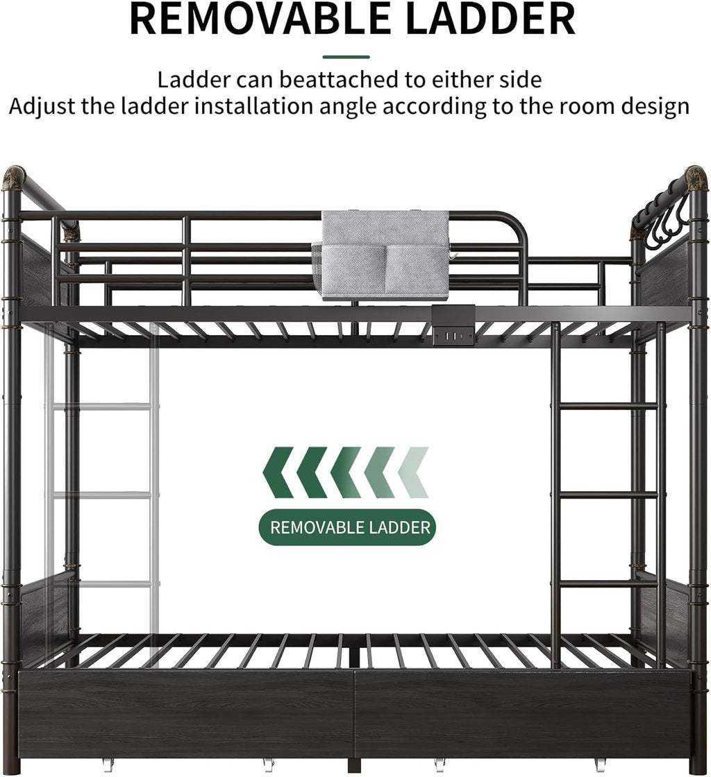 Metal LED Bunk Bed Twin Over Twin with 2 Storage Drawers, USB Charging Station, Industrial Bunkbeds Heavy Duty Bed with Safety Guardrail and Ladder, No Box Spring Needed, Black
