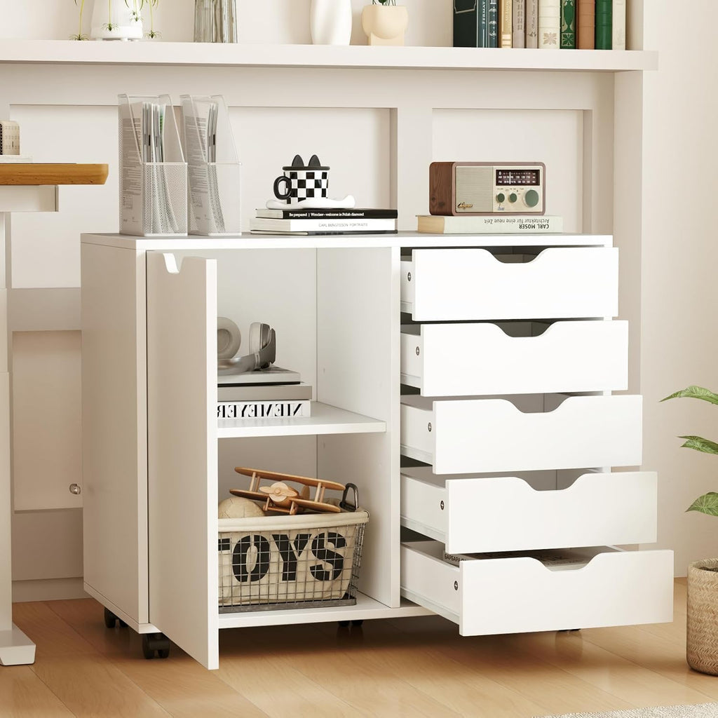 5-Drawer Wood Drawer Cabinet, Office Storage Cabinet with Adjustable Shelf & Wheels, Printer Stand for Home Office, White, 15.7" D x 30.7" W x 25.4" H