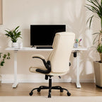 Sweetcrispy Ergonomic Computer Gaming Office Chair Set of 2, Heavy Duty Task Desk Swivel Rolling Chairs with Wheels, Flip-up Arms, Adjustable Height, PU Leather,Cream White