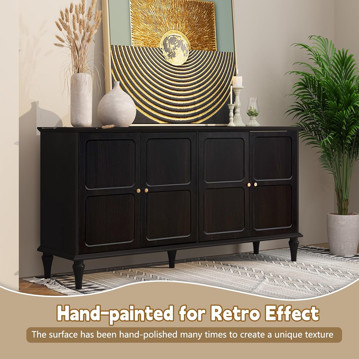 ARTPOWER 58'' Mid-Century Modern Buffet Storage Cabinet with 4 Doors and Adjustable Shelves, Accent Style Sideboard for Entryway, Dining Room, Living Room, Espresso Brown