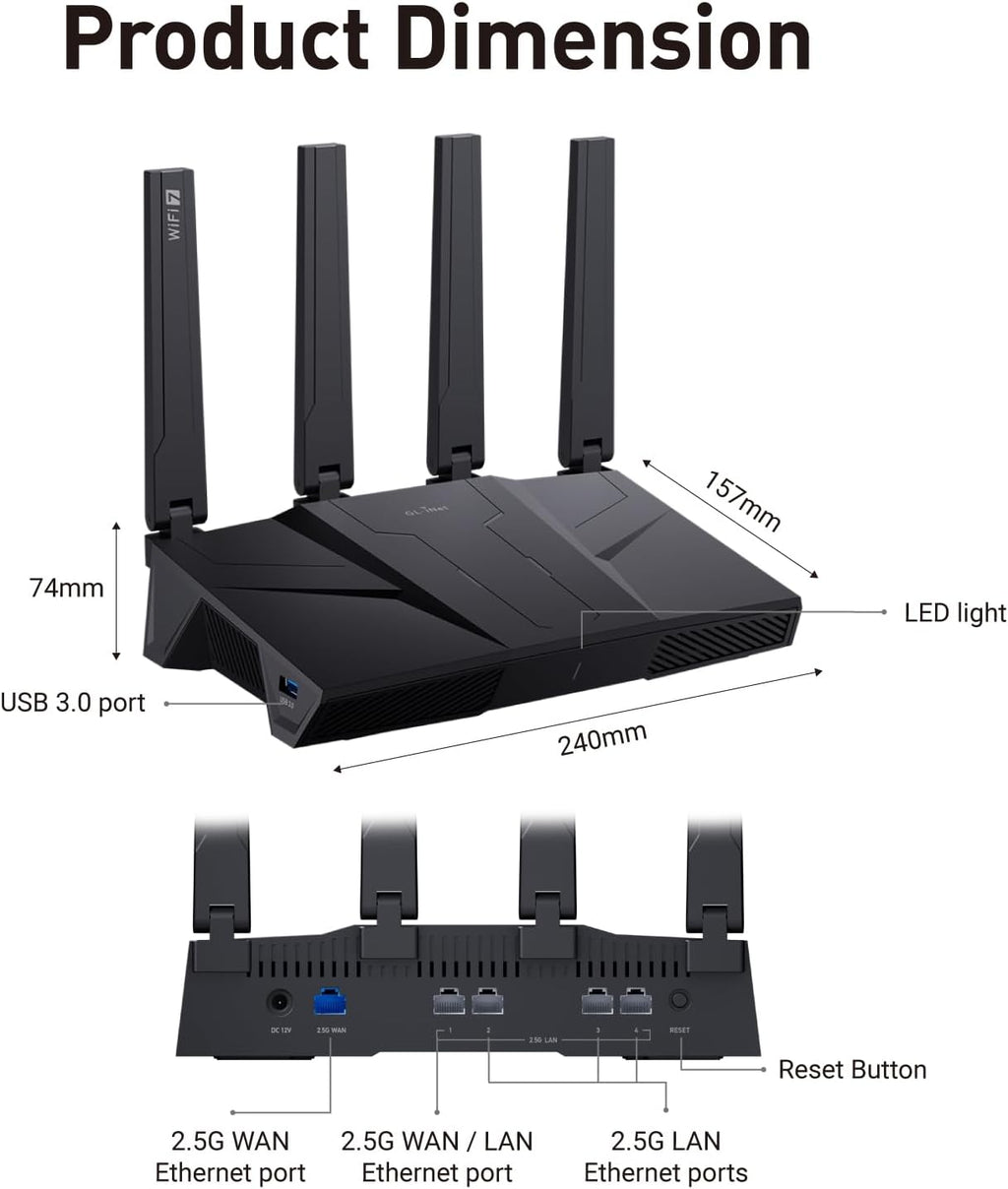 GL.iNet GL-BE9300 (Flint 3) Tri-Band WiFi 7 Router  High-Speed 6GHz Gaming WiFi Router for Wireless Internet  Long Range  5 x 2.5G VPN Routers for Fiber Optic Modem  Computer Routers  Home & Business