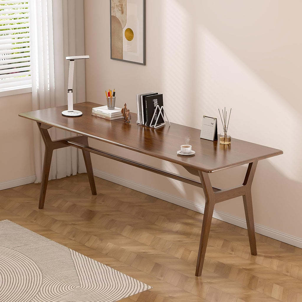 Solid Wood Study Desk - 71" Double Long Computer Table for Home Office, 2-Person PC Workstation, Walnut