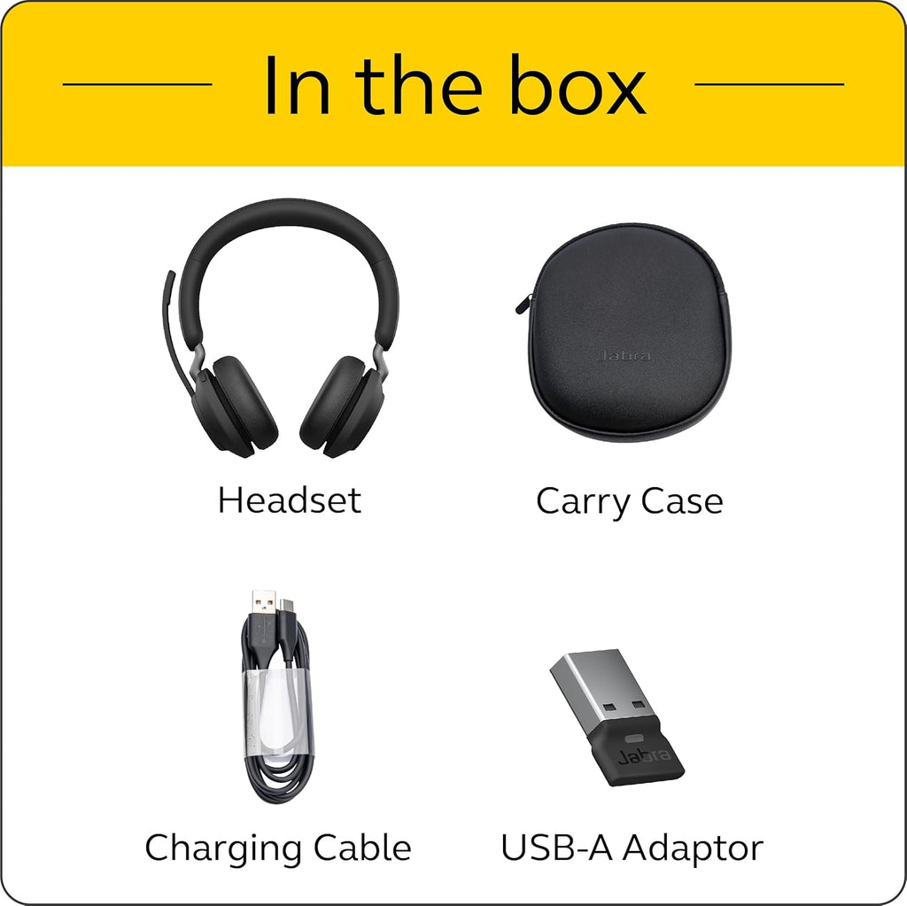 Jabra Evolve2 65 MS Wireless Headphones with Link380a  Stereo  Black – Wireless Bluetooth Headset for Calls and Music  37 Hours of Battery Life  Passive Noise Cancelling Headphones