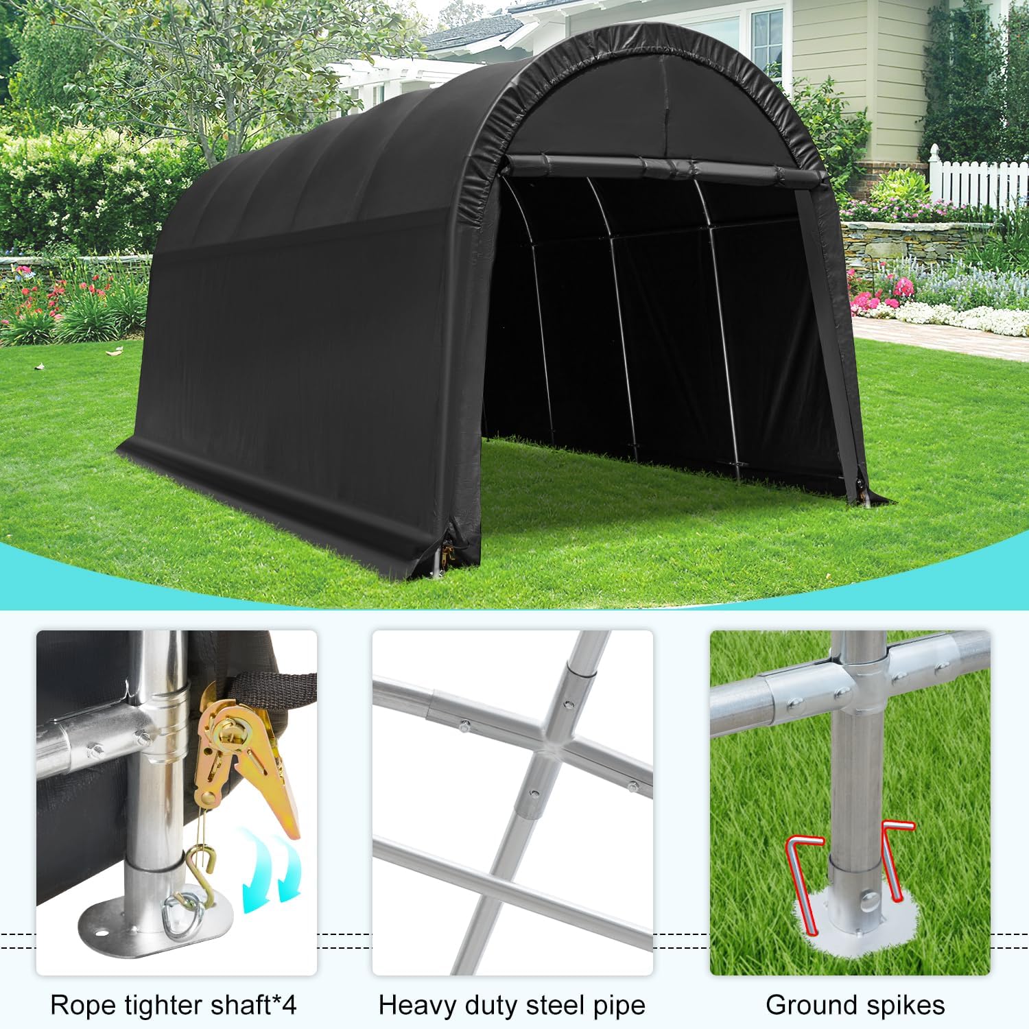 10x15 FT Heavy Duty Carport, Portable Garage with Reinforced All-Steel Frame and Round Style Roof, Anti-Snow All Covered Car Canopy Outdoor Waterproof Storage Shelter for Car,Truck,Boat