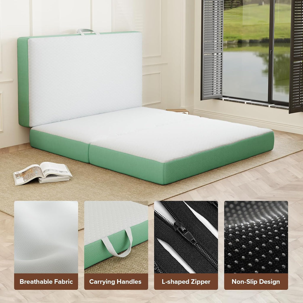 Memory Foam Trifold Mattress, Full Portable Floor Bed 6 Inch, Foldable Mat with Washable Cover, Handle & Non-Slip Bottom, for RV, Travel, Camping, Yoga, 73"x52"x6", White Green