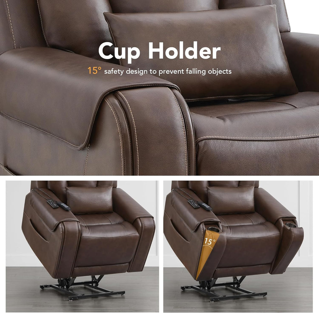 CHITA Electric Power Lift Recliner Chair for Elderly with Massage and Heat, Large Lay Flat Genuine Leather Recliner Chair with Cup Holders, USB Ports, Power Headrest, Independent Backrest, Dark Brown