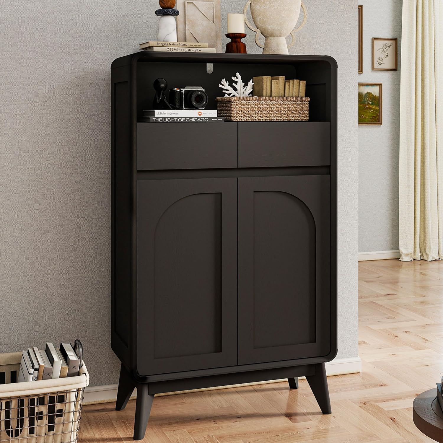 Bathroom Storage Cabinet, Tall Kitchen Storage Cabinet with Drawers and Shelves, Corner Coffee Bar Table Freestanding Sideboard for Living Room, Entryway, Black