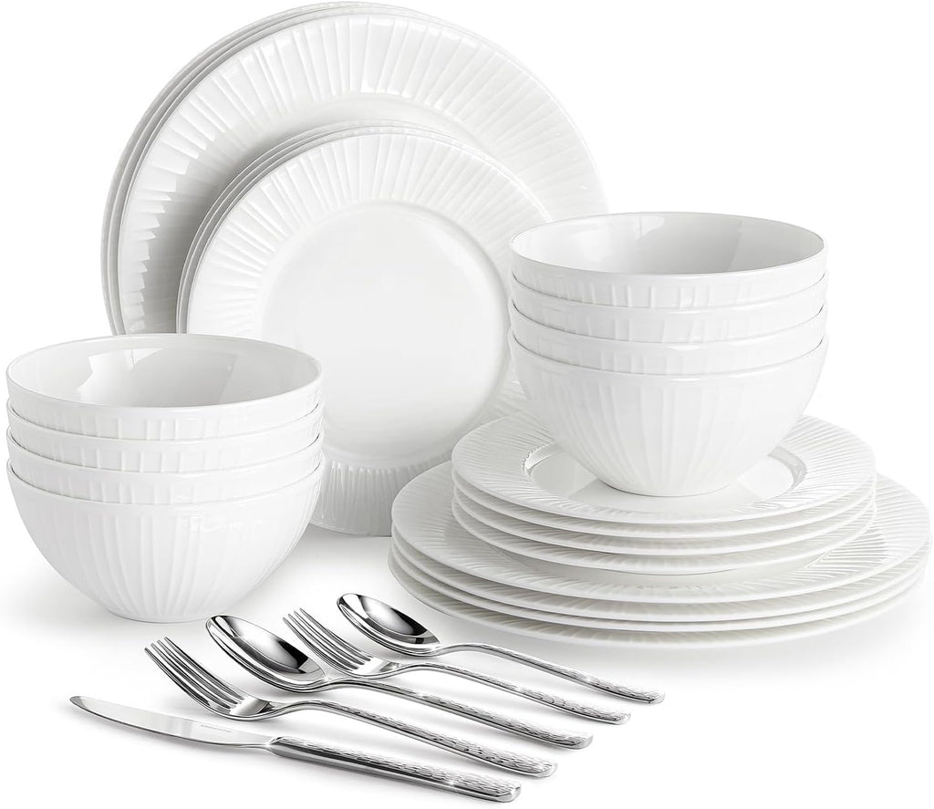 KINGSTONE 24-Piece Bone China Dinnerware Set with 40-Piece flatware, White Lightweight Porcelain Service for 8, for Family Dining, Restaurants, Gifting，Microwave and Dishwasher Safe
