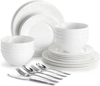 KINGSTONE 24-Piece Bone China Dinnerware Set with 40-Piece flatware, White Lightweight Porcelain Service for 8, for Family Dining, Restaurants, Gifting，Microwave and Dishwasher Safe
