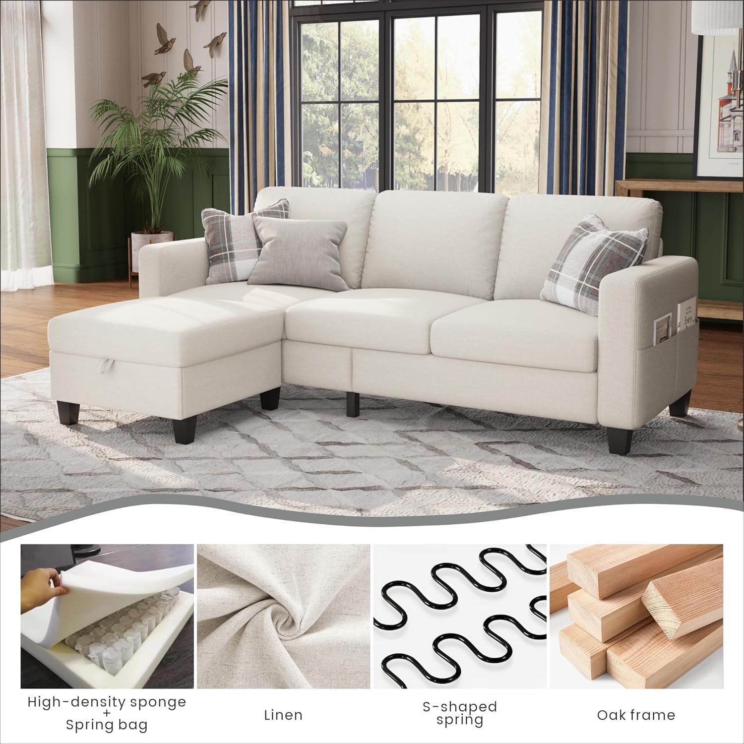 Sectional Sofa Couches for Living Room - 78''Convertible Modular Three-Seater L-Shaped Pet-Friendly Couch,Washable Sofa Cover-Bench Storage, Suitable for Small Living Room, Apartment,Office-Beige