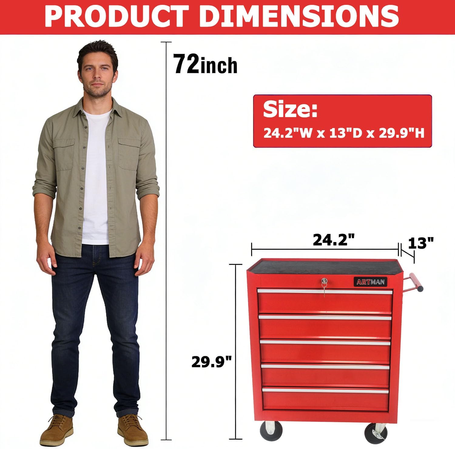 5-Drawer Tool Cart on Wheels, Drawers Rolling Tool Chest with Key Lock, Mobile Trolley Organizer Tools Box with Locking Wheels & Ball Bearing Drawers for Garage,Warehouse,Repair Shop (Red)