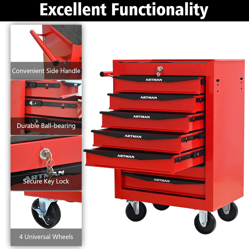 Red Metal Tool Chest with Wheels,Portable Rolling Tool Cabinet with 7 Drawers,Large Tools Chests & Cabinets with Key Locking/Pull Handle/Ball Bearing Slide for Garage Warehouse (Red+Black 7-Drawer)