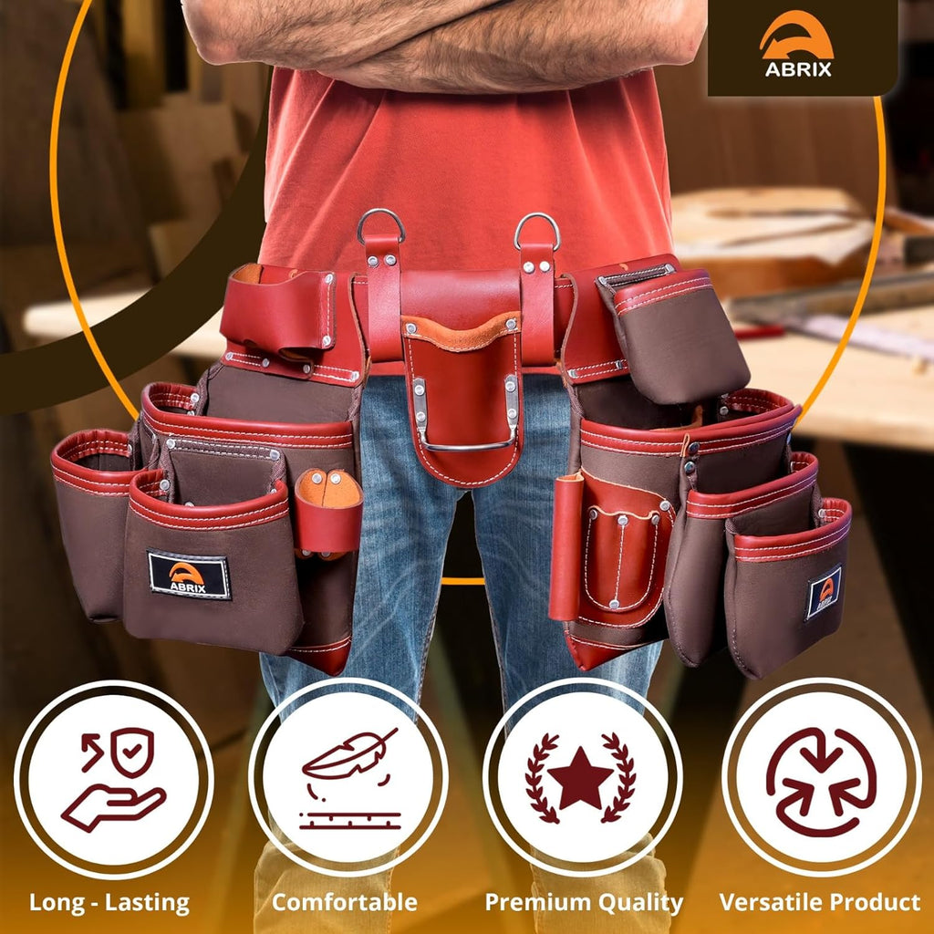 ABRIX Heavy Duty Nylon & Leather Tool Belt for Men Framing Rig Carpenter Tool Belt with Suspender Padded construction belt pauchas construccion (Extra Large, Tool Belt)