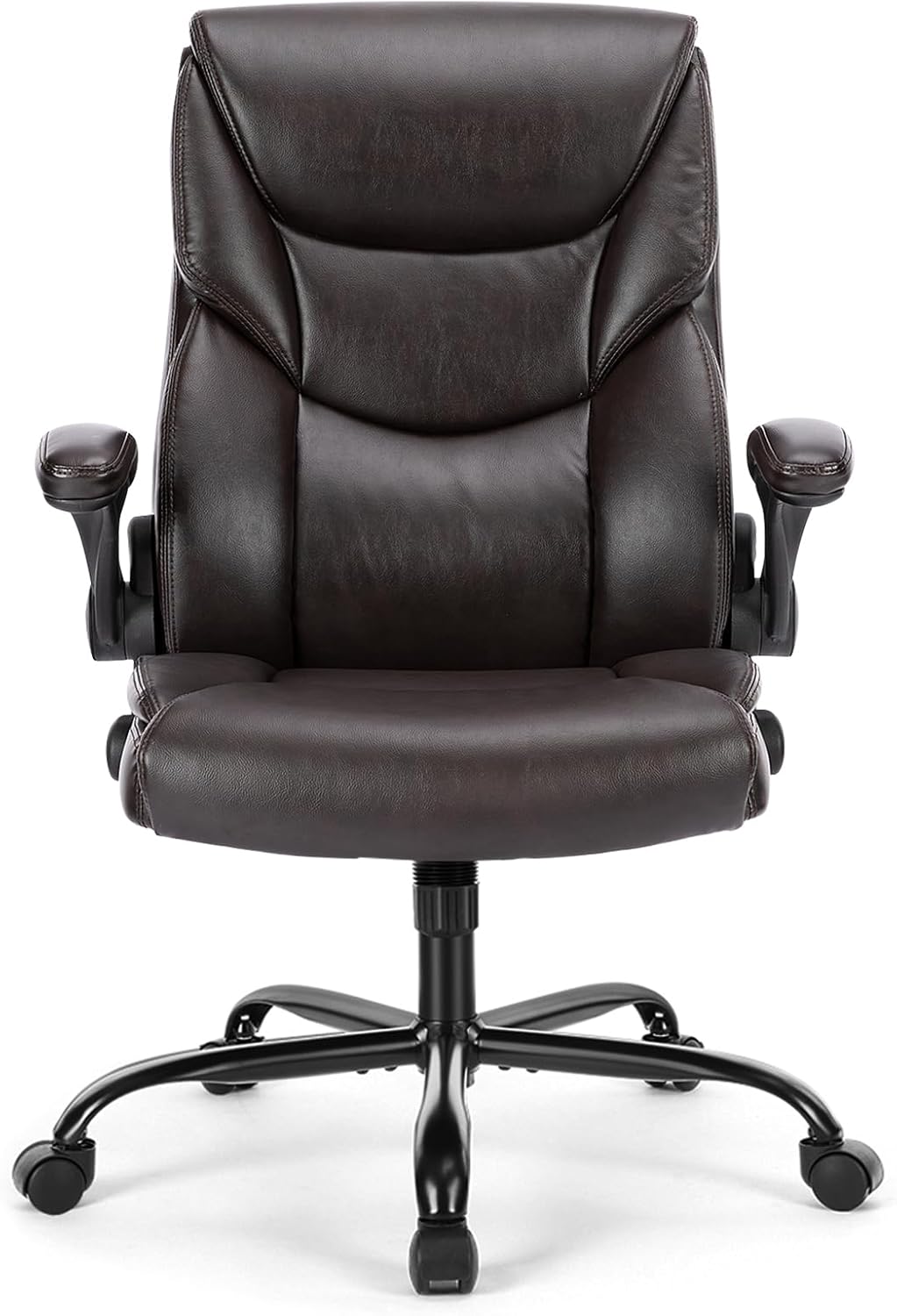 Sweetcrispy Computer Gaming Chair, Ergonomic High Back Heavy Duty Task Desk Office Chairs with Wheels, Flip-up Arms, Adjustable Height, PU Leather,Dark Brown