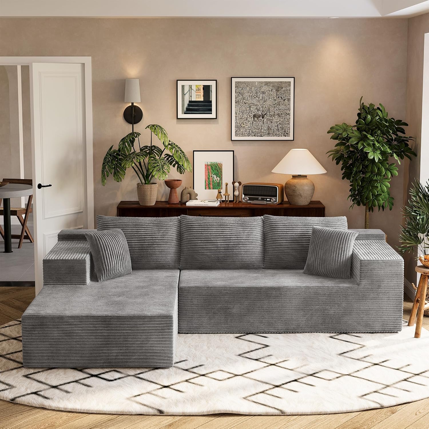 Homall 108" Modular Sectional Sofa, Boneless Couch with L-Shape Chaise, Cloud Couch with Deep Seat Upholstered, No Assembly Required for Living Room, Bedroom (Corduroy, Grey)