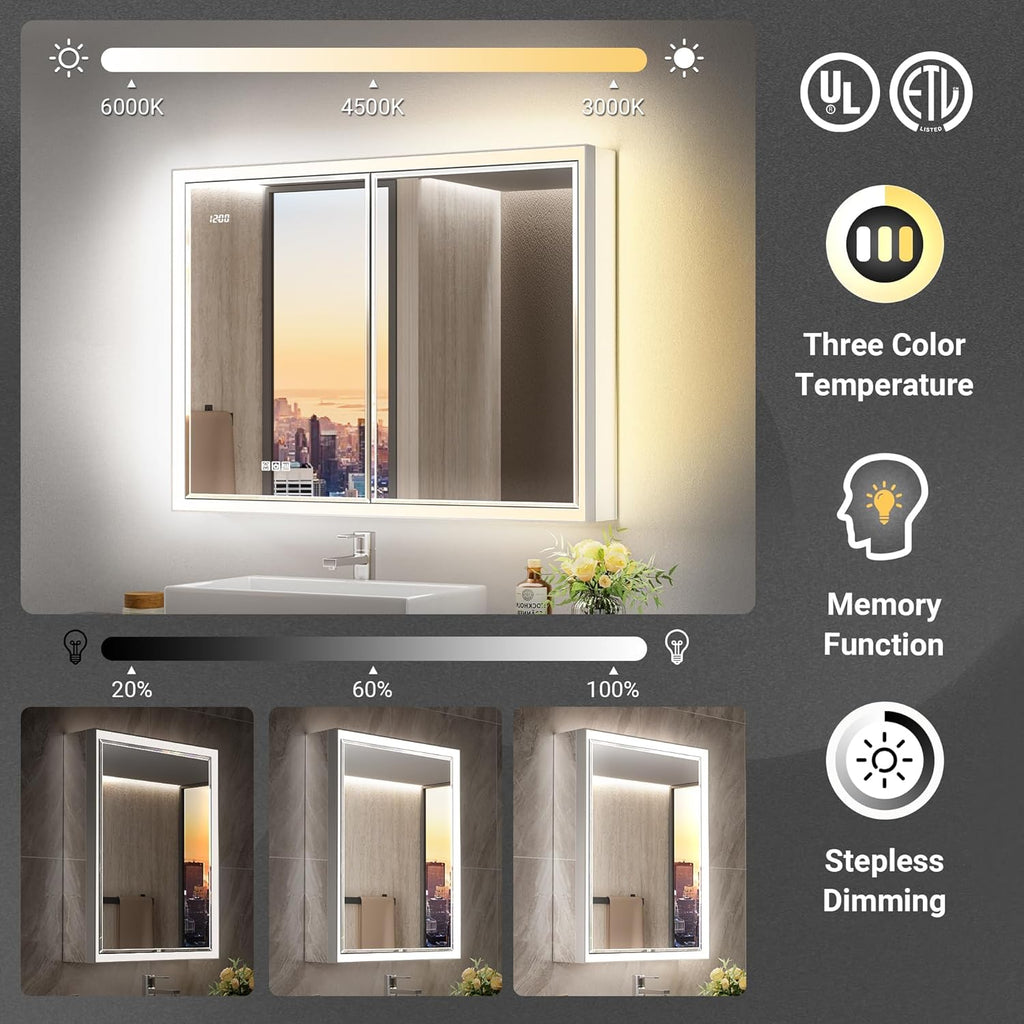 Beveled Lighted Medicine Cabinet with Mirror & Lights -20x26 Surface or Recessed Mirrored Medicine Cabinet with Outlet & Clock, Anti-Fog Dimmable LED Storage Cabinet, Built-in Sensor Light