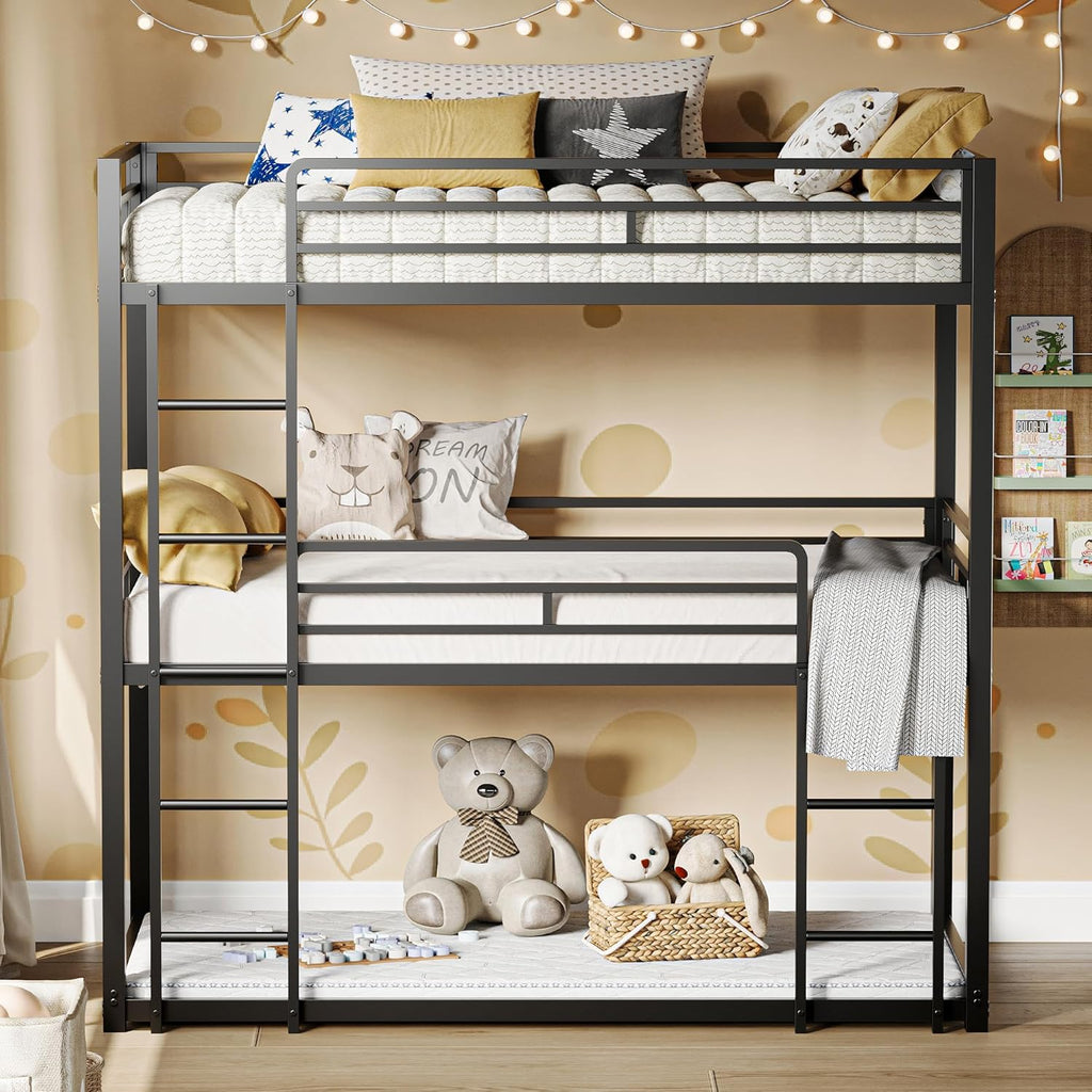 LIKIMIO Triple Bunk Bed, Bunk Bed Twin Over Twin Over Twin, Triple Bunk with 2 Ladders, Metal Bed Frame with Guardrails for Bedroom, No Box Spring Needed, Black