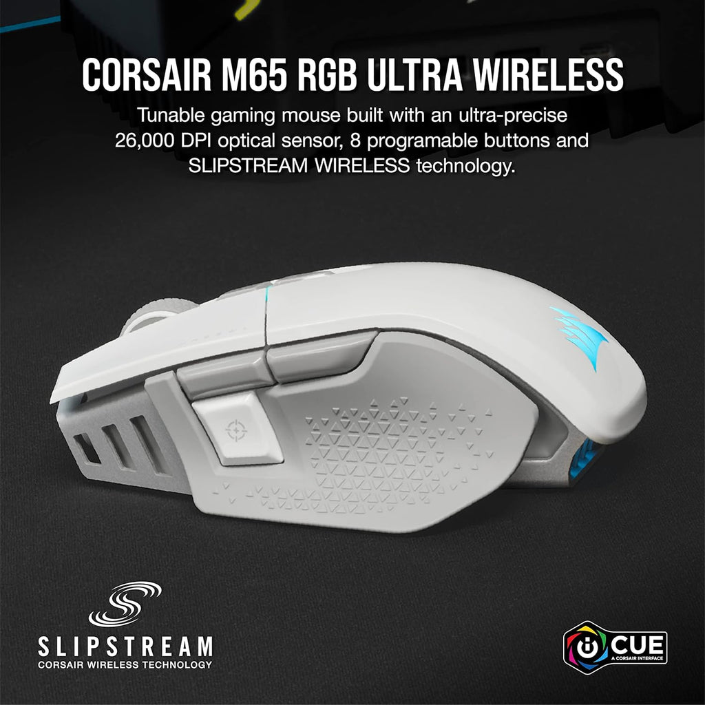 Corsair M65 RGB Ultra Wireless Tunable FPS Wireless Gaming Mouse - Sub-1ms Slipstream Wireless Technology, 26,000 DPI Optical Sensor, Up to 120 Hours of Battery Life, 8 Programmable Buttons - White