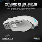 Corsair M65 RGB Ultra Wireless Tunable FPS Wireless Gaming Mouse - Sub-1ms Slipstream Wireless Technology, 26,000 DPI Optical Sensor, Up to 120 Hours of Battery Life, 8 Programmable Buttons - White