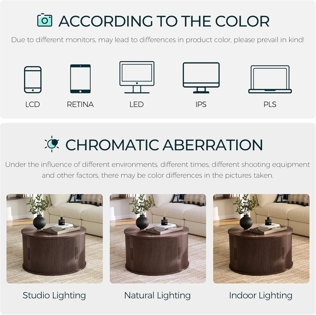 LINSY HOME Round Coffee Table, 31.5" Drum Coffee Table with Sliding Tambour Door, Fluted Accent Center Table with Storage, Mid Century Modern Coffee Table for Living Room, Walnut