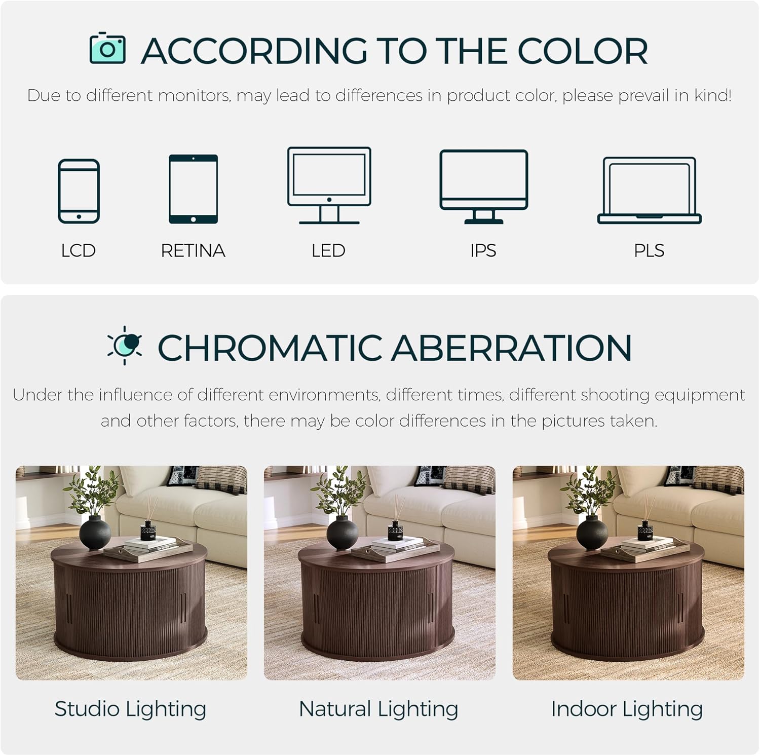 LINSY HOME Round Coffee Table, 31.5" Drum Coffee Table with Sliding Tambour Door, Fluted Accent Center Table with Storage, Mid Century Modern Coffee Table for Living Room, Walnut