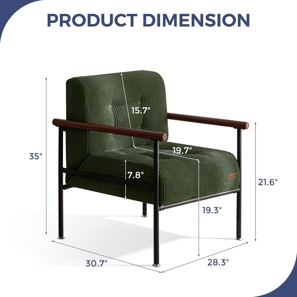 MAXYOYO Living Room Accent Chair, Modern Chair with Sturdy Metal Frame & Wood Armrests, Upholstered Reading Chair with Upholstered Cushion for Bedroom Balcony Porch, Dark Green