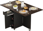 Folding Dining Table with 6 Wheels, Drop Leaf Tables for Small Spaces, Foldable Dining Table with 2-Layer Storage Rack, Kitchen Table with Drawer (Brown Wood and Black)