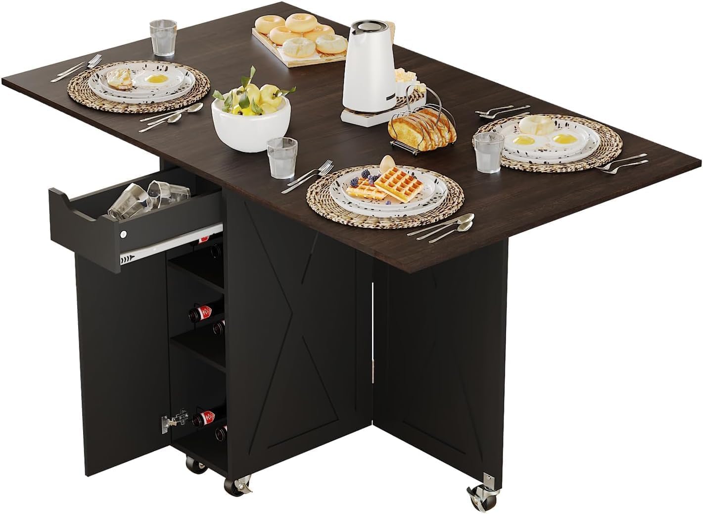 Folding Dining Table with 6 Wheels, Drop Leaf Tables for Small Spaces, Foldable Dining Table with 2-Layer Storage Rack, Kitchen Table with Drawer (Brown Wood and Black)