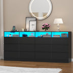 Loomie 12-Cell Divided Drawers Black Dresser with Charging Station & Led Lights for Bedroom, Long 63" Wide Dresser TV Stand for TVs up to 75", Large Dressers Organizer with 4 Open Cubbies
