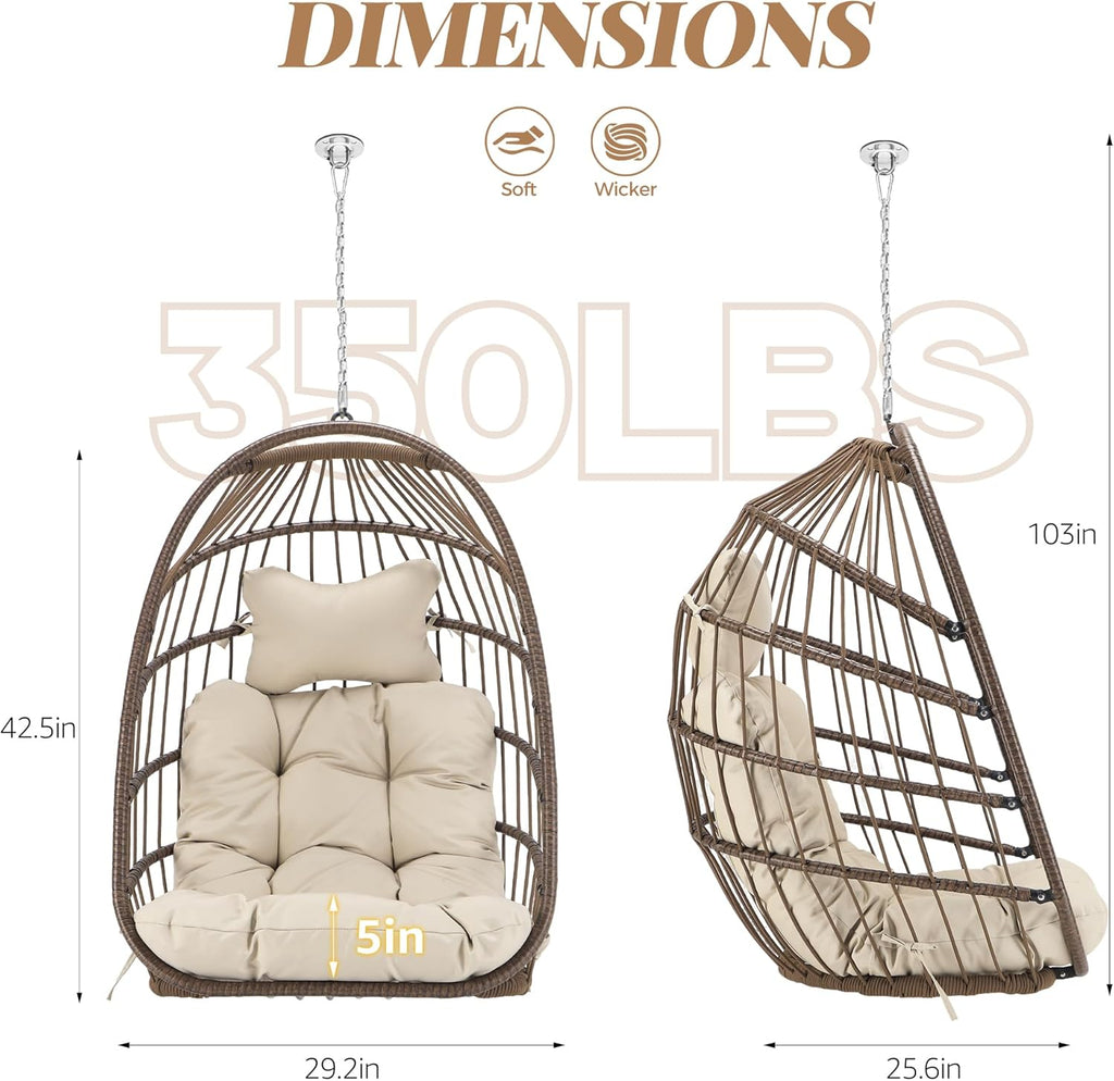 BULEXYARD Foldable Egg Swing Chair Without Stand, 350 Lbs Durable Rattan Wicker Hanging Patio Chair with Padded Cushion, Cozy Basket Hammock Seat for Indoor Outdoor Bedroom Balcony Tree, Brown Tan