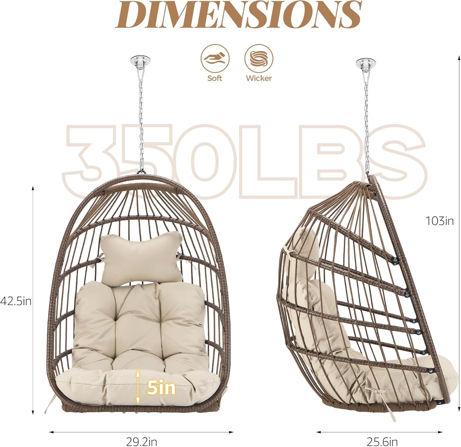 BULEXYARD Foldable Egg Swing Chair Without Stand, 350 Lbs Durable Rattan Wicker Hanging Patio Chair with Padded Cushion, Cozy Basket Hammock Seat for Indoor Outdoor Bedroom Balcony Tree, Brown Tan