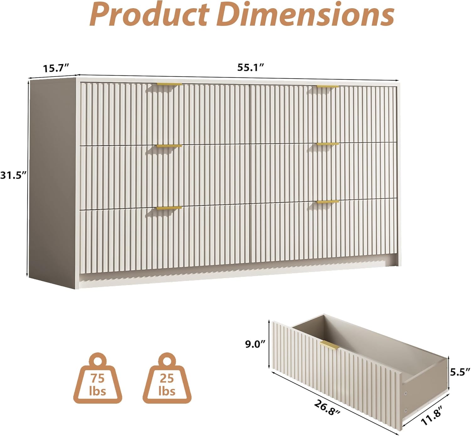 6 Drawer Dresser for Bedroom, 55" Wide Modern Chest of Drawers with Gold Metal Handles, Fluted Wood TV Stand for Living Room, Hallway(Beige)