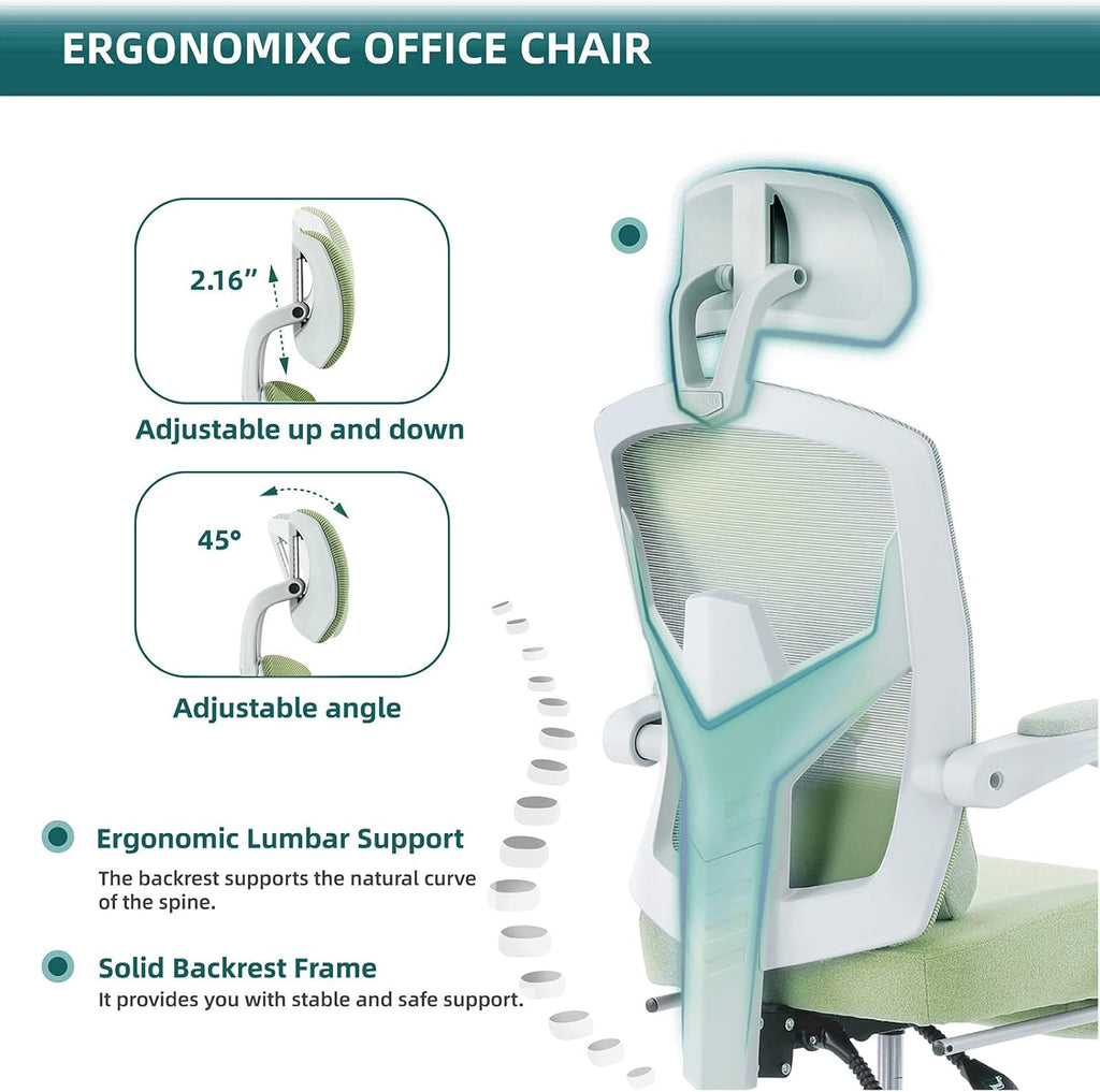 DUMOS Home Office Desk Chair with Footrest, High-Back Mesh Rolling Swivel Reclining Chairs with Wheels, Comfortable Headrest, Lumbar Support, Comfy Arms for Home, Office, Gaming, Elegant Green