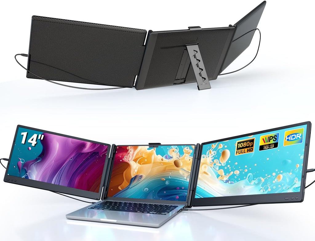 Ygretyrjh Laptop Screen Extender  14" Triple Portable Monitor for Laptop  1080P FHD IPS Screen Extender Monitors for 13"-17"  Travel Monitor for Mac/Windows/Chrome  Built-in Speakers