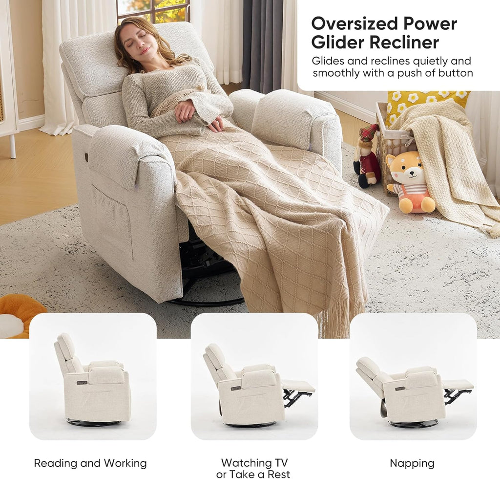 Oversized Power Recliner Chair, 26" Extra Wide Swivel Rocker Recliner with Adjustable Headrest, Chenille Glider Rocking Nursery Chair with Overstuffed Armrest, USB Ports, White
