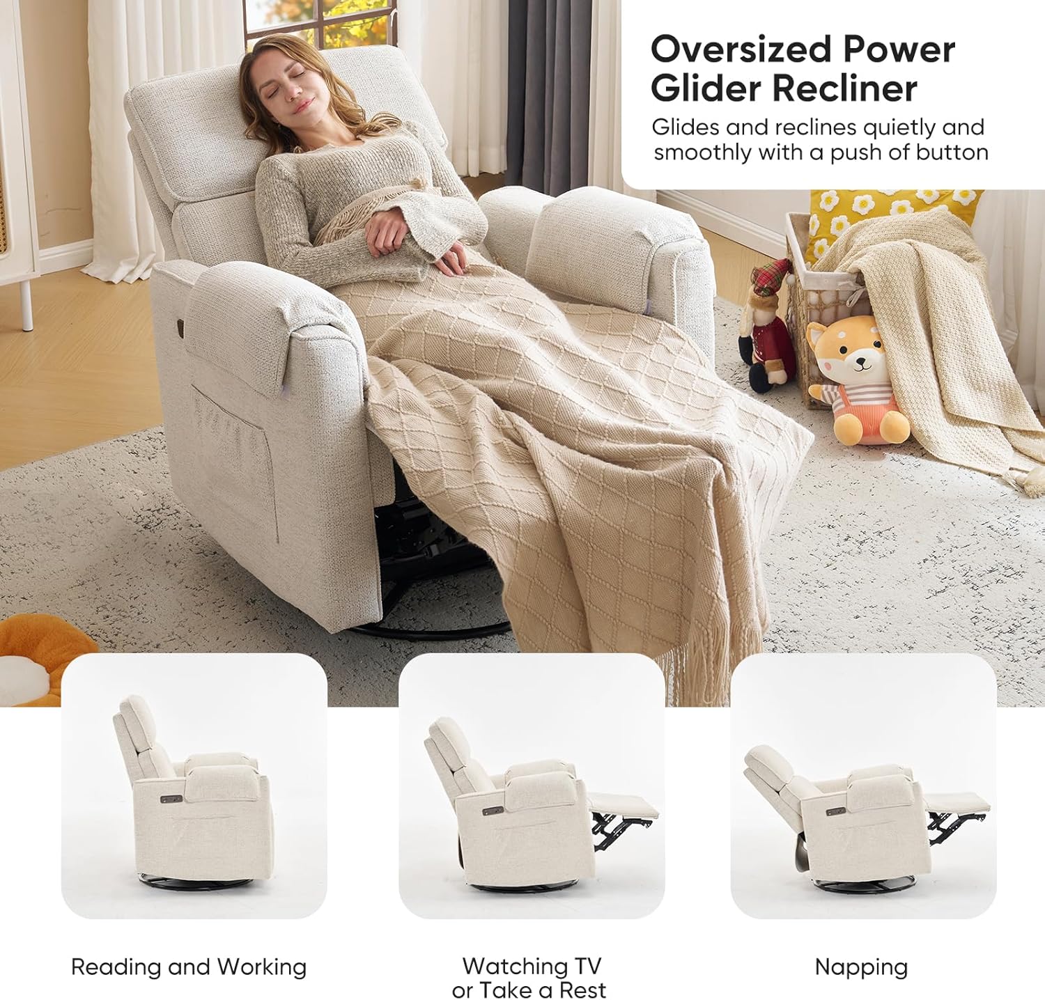 Oversized Power Recliner Chair, 26" Extra Wide Swivel Rocker Recliner with Adjustable Headrest, Chenille Glider Rocking Nursery Chair with Overstuffed Armrest, USB Ports, White