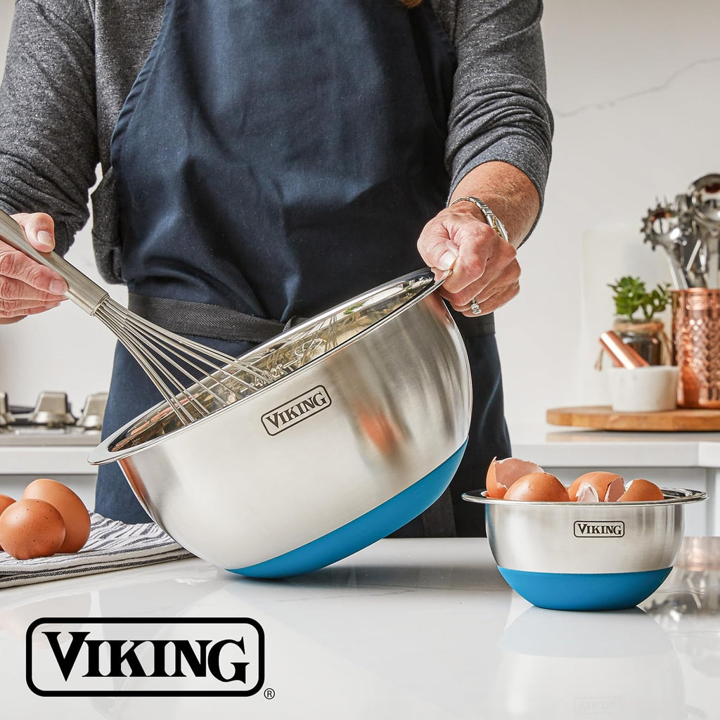 Viking Mixing Bowls Set, 10 Piece Stainless Steel Kitchen Cookware, Non-Slip Silicone Base, Includes Tight Fit Lids, Dishwasher Safe, Teal
