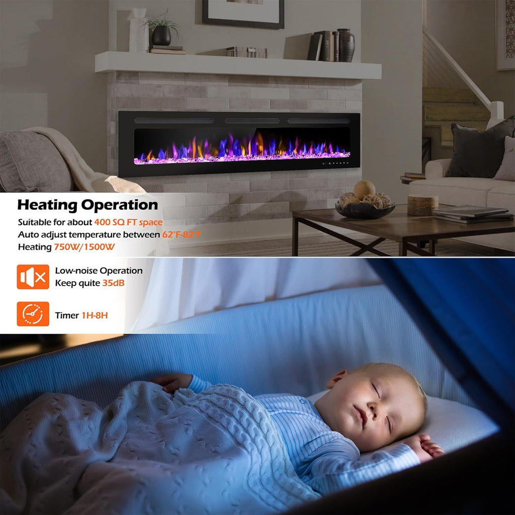 60" Electric Fireplace Wall Mounted and Recessed with Remote Control, 750/1500W Ultra-Thin Wall Fireplace Heater W/Timer Adjustable Flame Color and Brightness, Log Set & Crystal Options