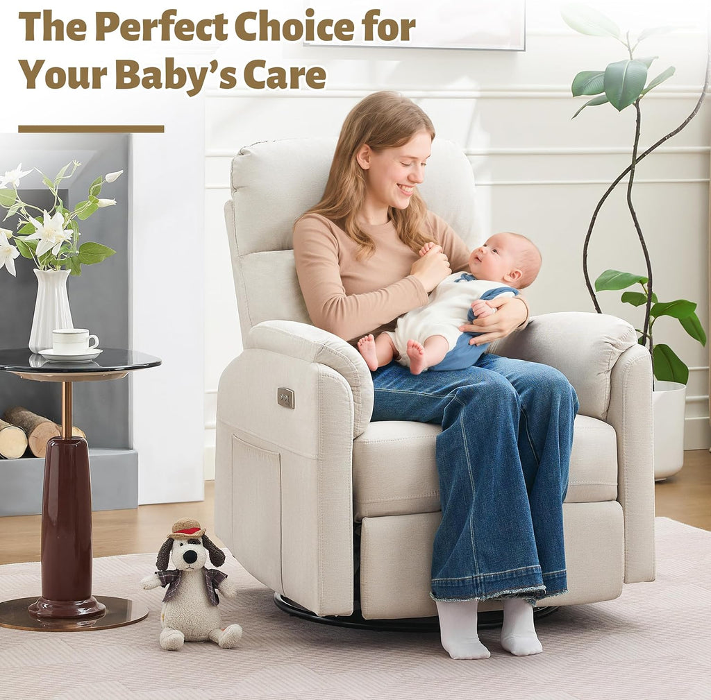 Power Glider Recliner Nursery Rocking Chair with USB Ports, Glider Chair with Lumbar Pillow for Living Room, Glider Swivel Recliner Chair for Nursery(Beige)