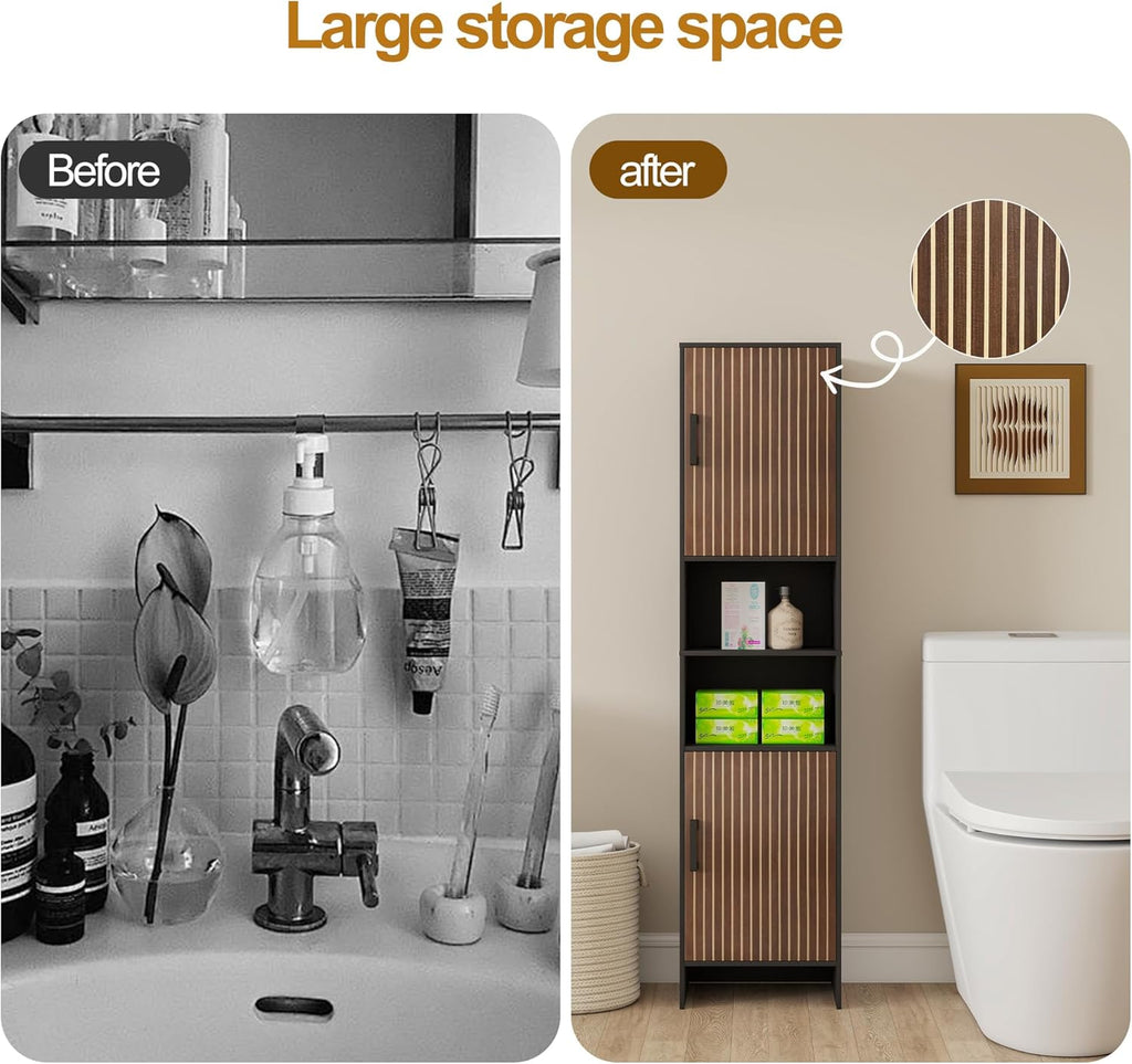 Tall Storage Cabinet, 13.15 Inch Narrow Bathroom Cabinet with USB Magnetic Light, Open Shelf, Magnetic Doors, 2 Adjustable Shelves, Anti-Tip Kit for Small Spaces, Living Room, Black, 57.1" H