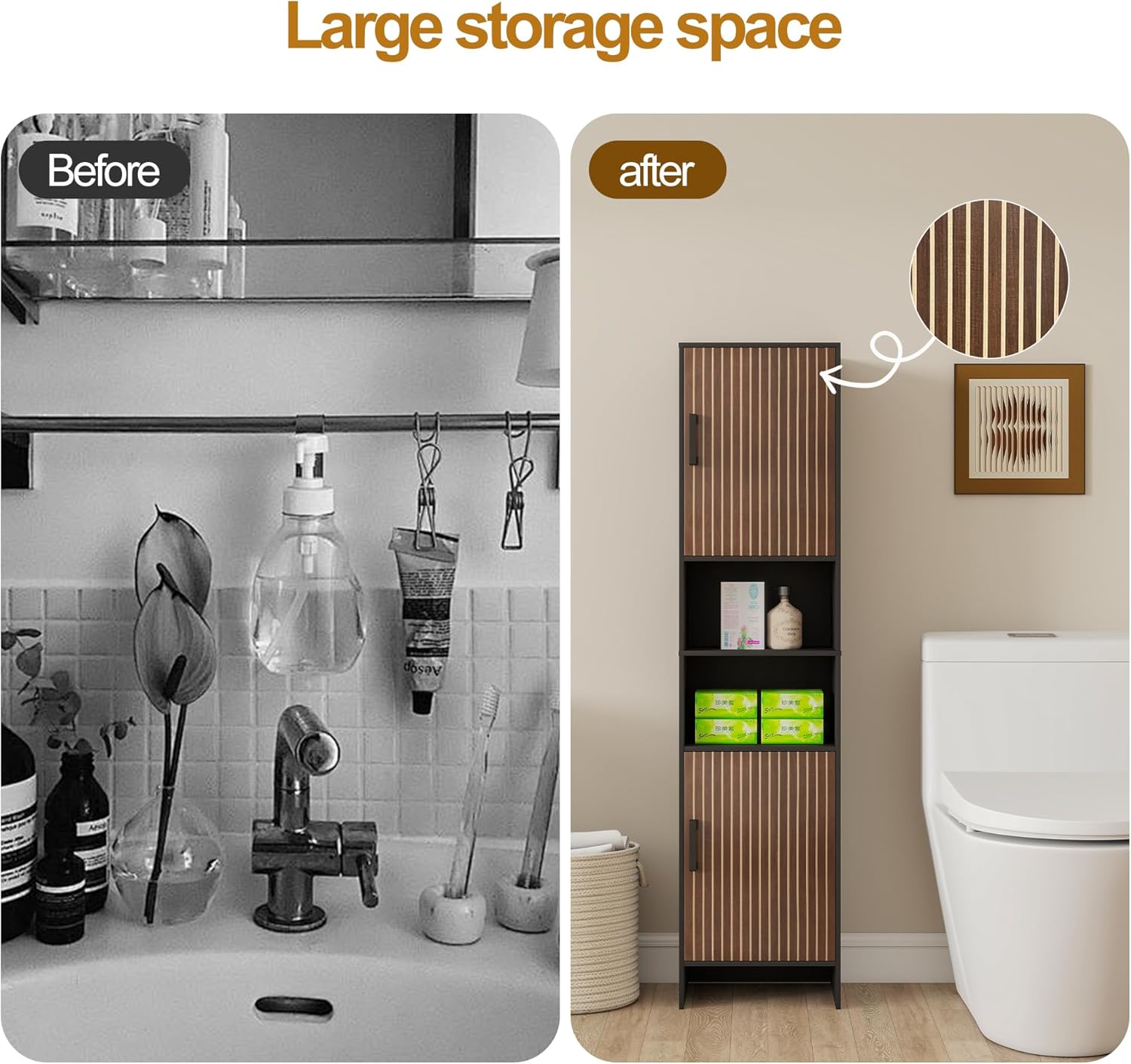 Tall Storage Cabinet, 13.15 Inch Narrow Bathroom Cabinet with USB Magnetic Light, Open Shelf, Magnetic Doors, 2 Adjustable Shelves, Anti-Tip Kit for Small Spaces, Living Room, Black, 57.1" H