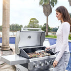 Upgraded 4 Burner BBQ Propane Gas Grill with Cast Iron Grates & Side Stove, 44,000 BTU Stainless Steel Burner Barbecue Grill for Patio, Camping, Outdoor Cooking.
