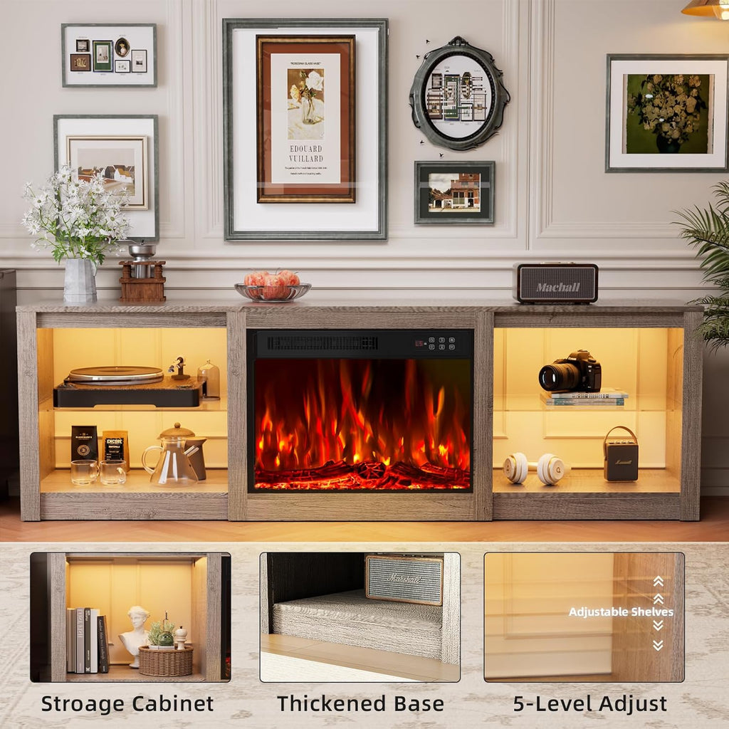 70" Fireplace TV Stand for TVs up to 80 Inches with 23'' Electric Fireplace Insert, Entertainment Center for Living Room, Gray