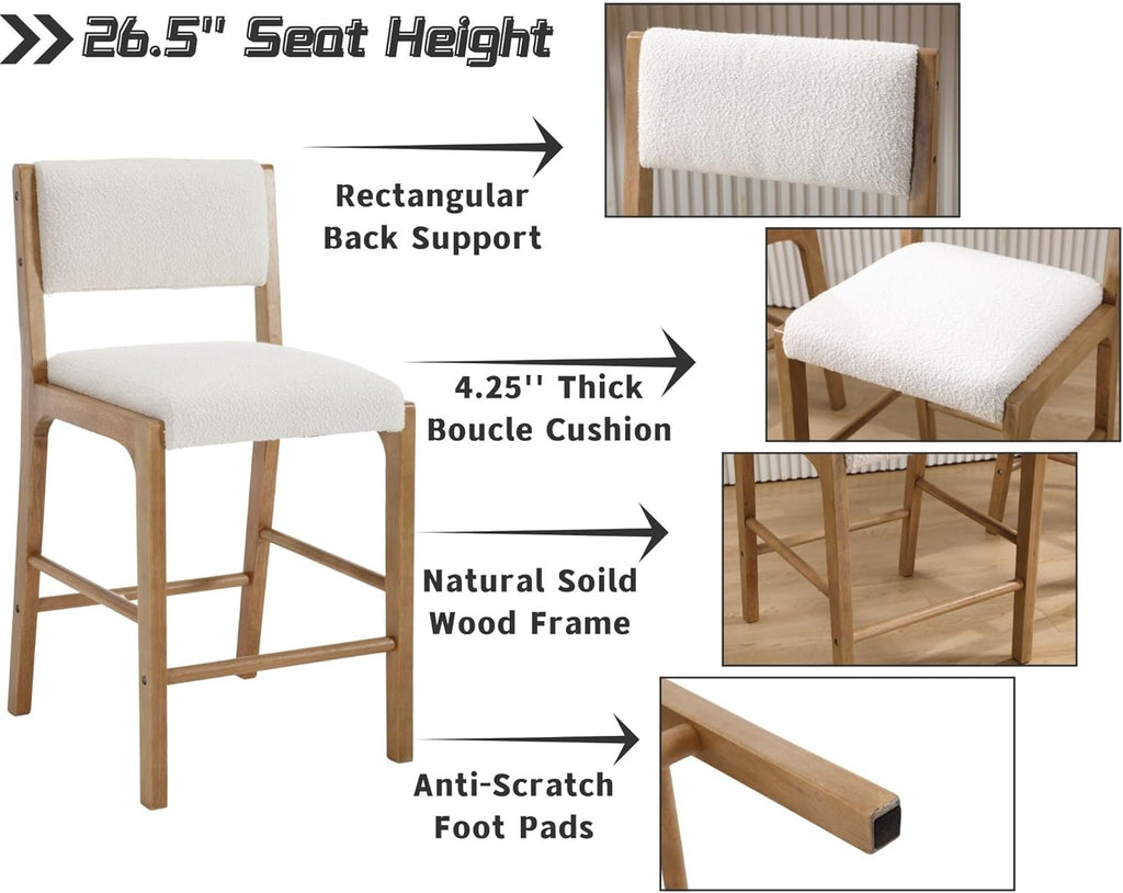 HNY 26.5'' Modern Counter Stools with Backs Counter Height Barstools Set of 2, White Sherpa Boucle Upholstered Bar Height Chairs with Wood Frame Wooden Island Stools for Kitchen Counter/Pub
