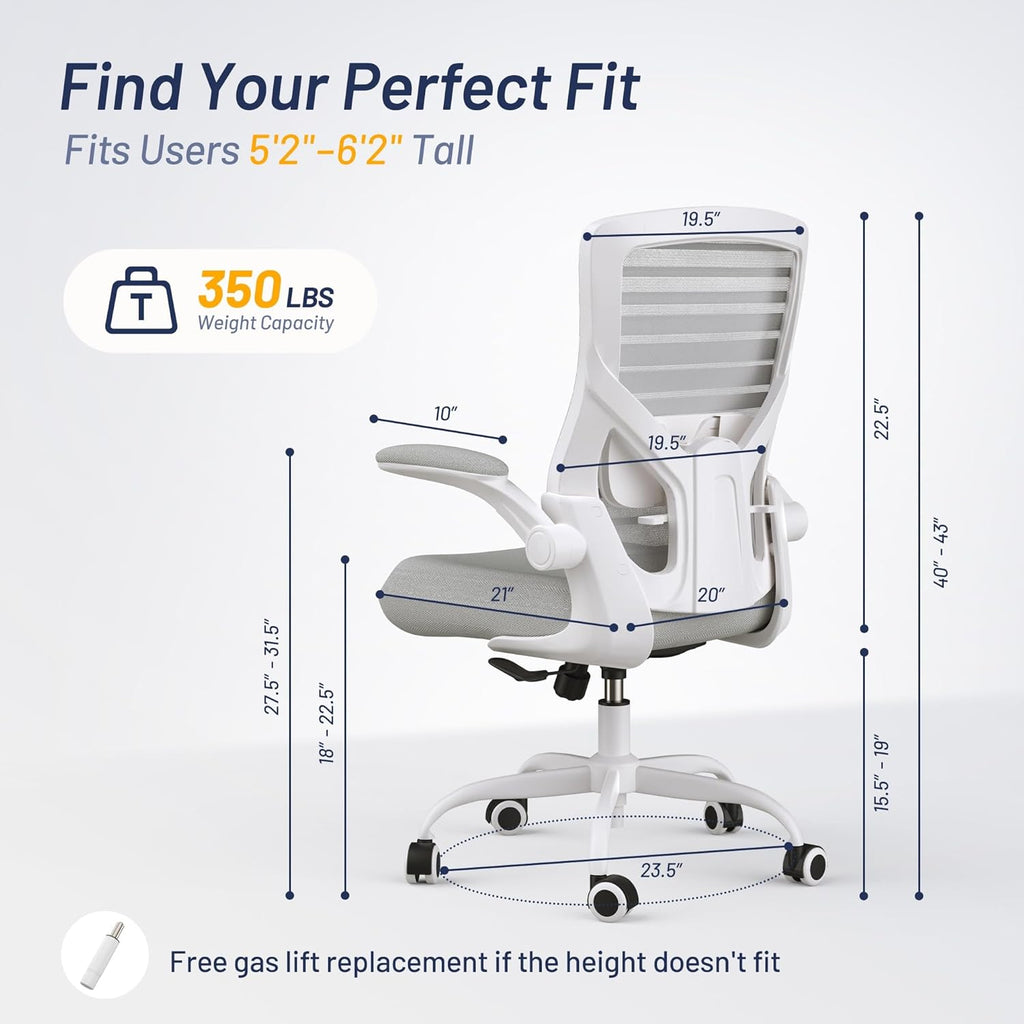 Office Chair for Long Hours & Back Pain Relief – 4" Thick Molded Foam Cushion, Padded Lumbar Support and Flip-up Armrests, Ideal for Office or Study, Light Gray